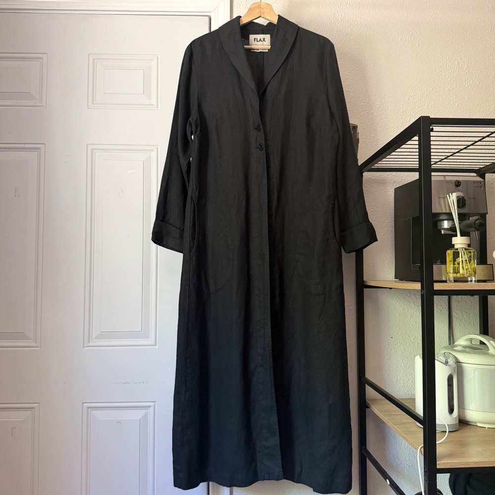 FLAX black two button peterpan long sleeve duster floor length coat jacket